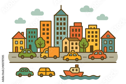A vibrant Asian street scene features brightly colored buildings, a maze of electric wires, and tuk tuks navigating the roads, adjacent to a scenic seafront promenade