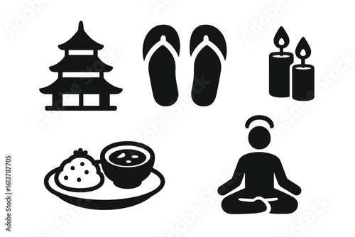 A cultural travel icon depicted in black and white showcases temples, flip-flops, candles, food, and various spiritual journey symbols