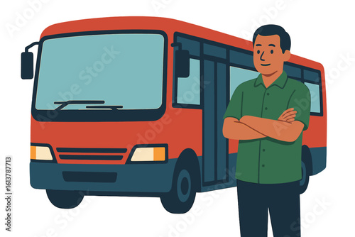 Vector illustration of a man standing beside a vibrant tuk tuk