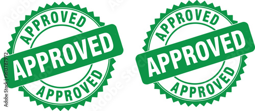 Two green approved stamps with white text on white background, approved, stamp, green, white, seal, circular, endorsement, confirmation, agreement, acceptance, authorization, permission, go, yes, posi