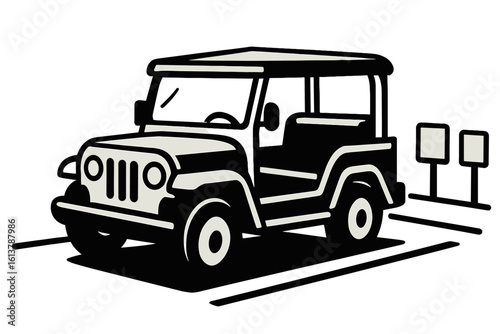 black and white jeep parked on road clip art preview