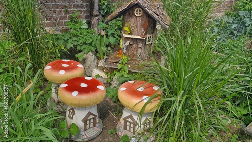 Fake mushrooms and fairy house in a garden in Dublin, Ireland