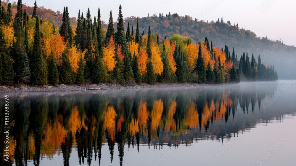Obraz premium Serene dawn over a calm lake with vibrant autumn foliage reflecting in the water, gentle mist hovering above, warm early morning light illuminating colorful trees along the shoreline
