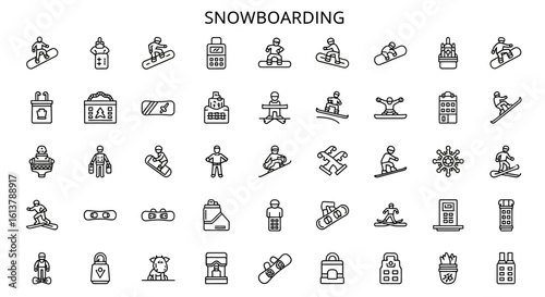 Solid Black Snowboarding Icons: Board, Snow, and Winter Sports Symbols
