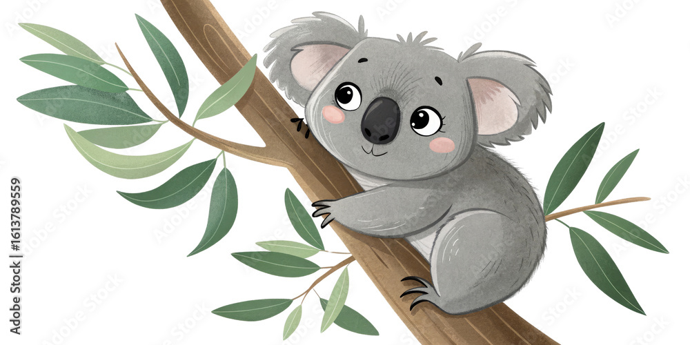 Fototapeta premium Adorable Koala on Branch, Watercolor Style, Isolated on Transparent Background, Koala, Watercolor Illustration, Clipart