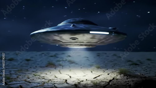 Futuristic UFO hovering above cracked ground against starry night sky 