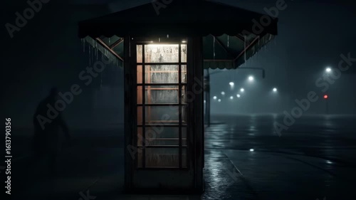 Old telephone booth glowing against foggy city street at night