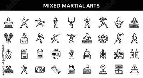 Solid Black Mixed Martial Arts Icons: Combat, Fighter, and Training Symbols