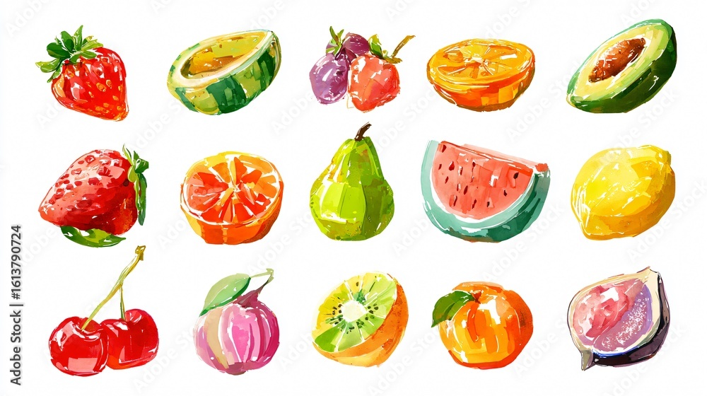 Fototapeta premium Vibrant Colorful Isolated Fruit Icons on White Background for Design Projects