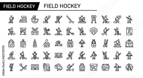Solid Black Field Hockey Icons: Stick, Ball, and Grass Sports Symbols