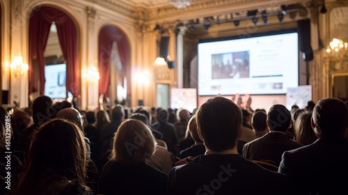 Elegant awards ceremony stage with dramatic spotlighting, silhouetted audience, glowing curtains, and presentation screen in a luxurious historic venue