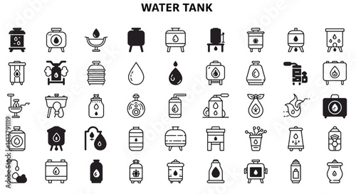 Solid Black Water Tank Icons: Collection of Water Storage and Supply Symbols