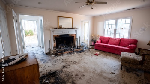 Wideangle interior of a severely firedamaged living room with blackened walls, scorched furniture, scattered belongings, and sootcovered floor, evoking a sense of destruction and loss
