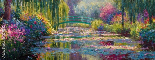 Vibrant garden with water lilies and a bridge