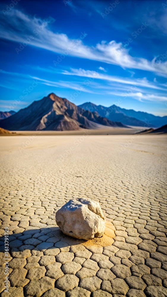 Obraz premium A lone rock rests on cracked desert earth under a vast blue sky with wispy clouds and distant mountains