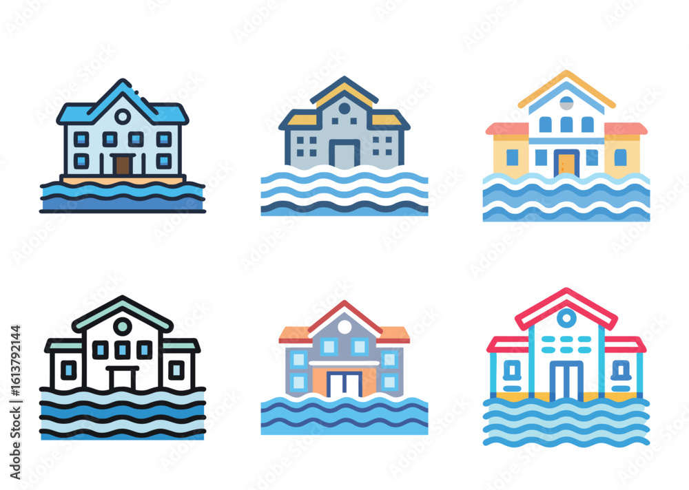 Fototapeta premium Six Cartoon Houses Surrounded by Water, Bundle Evoking Imagery of Flood or Rising Seas