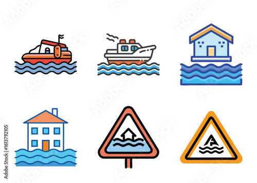 Illustrations depicting floods ships houses Bundle and flood warning signs icons