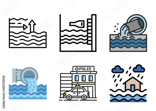 Images representing water related scenarios like sea level rise, Bundle  flooding and pollution