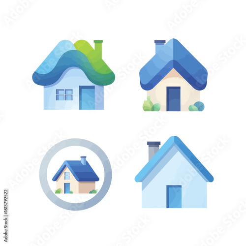 Blue House Icons with Transparent Background, 3D Realism Design Elements