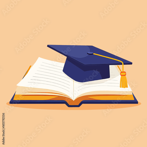 Blue Graduation Cap on Open Book with Transparent Background, Flat Design Element