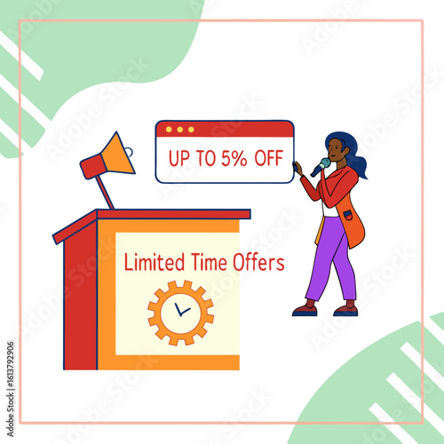 A woman announces up to percent off limited time offers with a megaphone and clock on a podium stage set