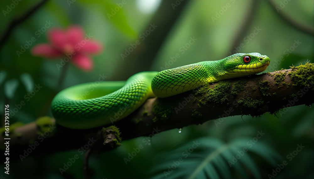 Obraz premium Wild rainforest viper with vivid red-orange eyes and water-dappled scales in tropical light.