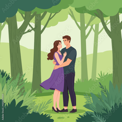Couple Embrace in Forest, Purple Dress with Transparent Background, Watercolor Illustration
