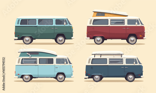 Four Vintage Camper Vans in Pastel Colors, Transparent Background, Retro Illustration for Design