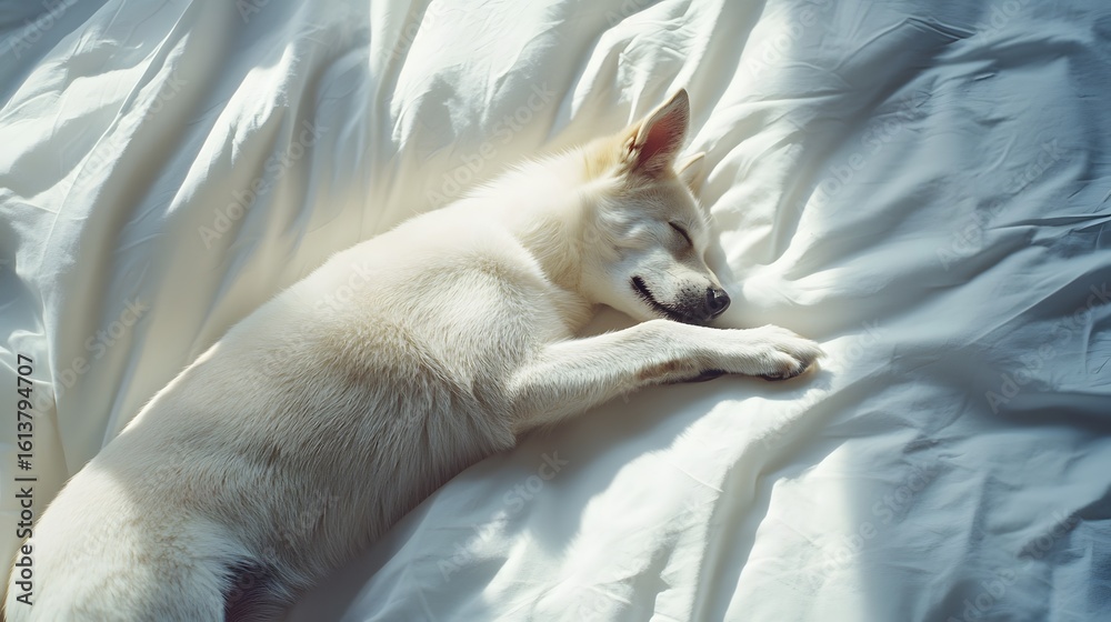 Fototapeta premium Cute White Dog Sleeping Peacefully on Soft White Bedding