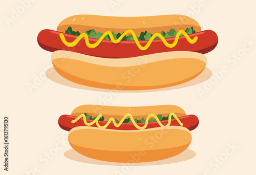 Glossy Red Hot Dog with Mustard on Transparent Background, Watercolor Illustration for Branding