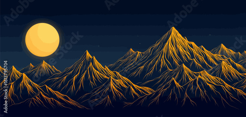 Golden Mountain Range with Full Moon, Transparent Background, 3D Realism Illustration