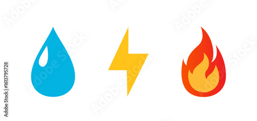 Water electricity and gas icons set Water drop thunder and fire symbol