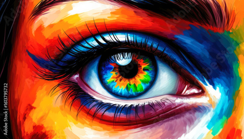 A close-up of a human eye with multi-colored iris and bright paint strokes around it, a digital illustration in a bold artistic style