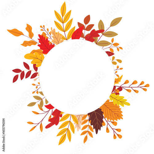 Empty round frame of autumn colorful leaves. Circular foliate fall aesthetics rim. Warm autumn mood, round shape with copy space, vector graphic