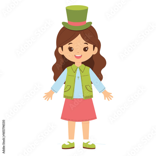 Green Top Hat Girl with Pink Skirt, Flat Design Illustration with Transparent Background