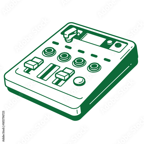 Green and white electronic sound mixing controller isolated on white background
