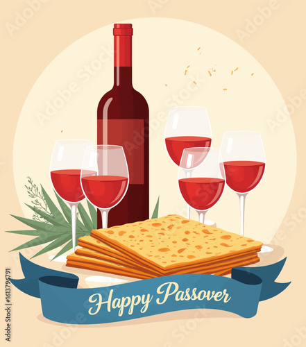 Happy Passover Wine Bottle and Glasses with Matzo, Crimson Illustration on Transparent Background