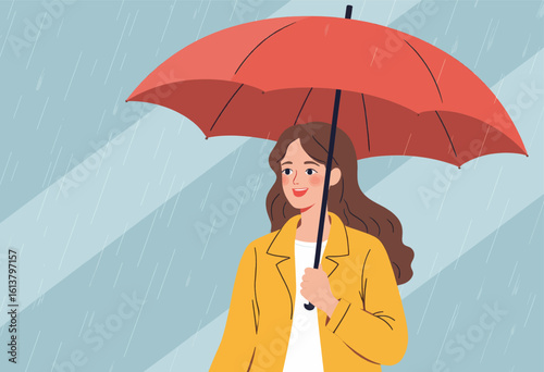 Illustration of Woman Holding Crimson Umbrella with Transparent Background, Watercolor Design Element