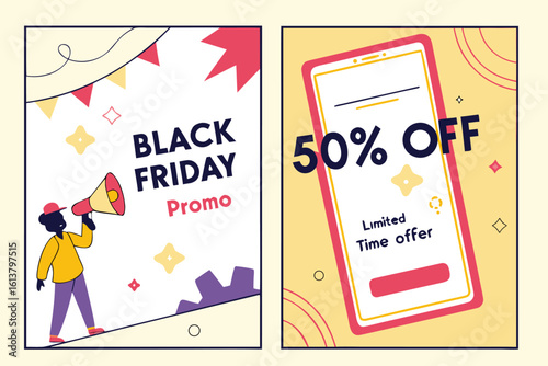 Two promotional posters featuring a black friday sale and a mobile phone offering a fifty percent discount