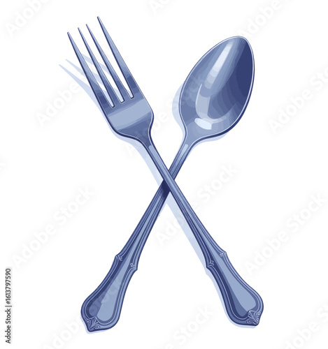Midnight Indigo Fork and Spoon Crossed, Glossy Metal Design Element with Transparent Background