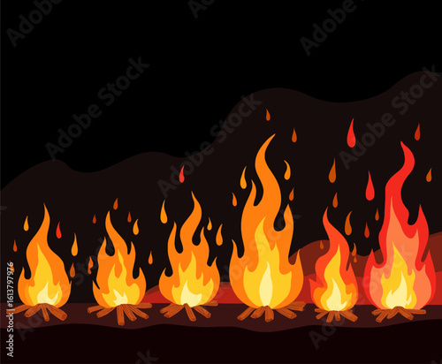Orange Fiery Flames with Transparent Background, Flat Design Element for Web Design