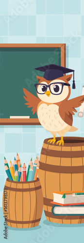 Owl Graduation Cap Illustration with Transparent Background, Watercolor Design Element