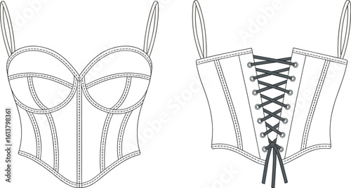 PrintCorset fashion illustration front and back, detailed lingerie design with lace-up straps, elegant garment sketch template for sewing and apparel