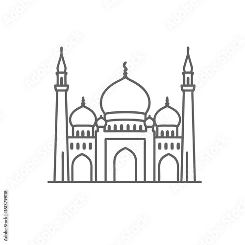 A serene line drawing of a majestic mosque with domes and minarets standing tall in a peaceful environment.