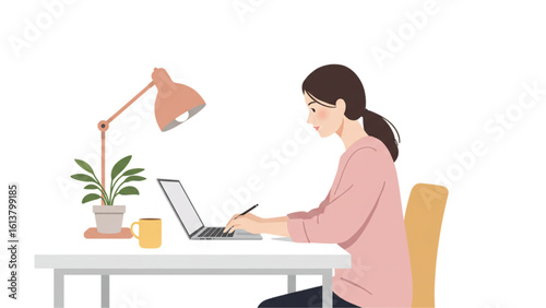 Focused woman working remotely at desk with laptop, plant, and coffee in cozy workspace