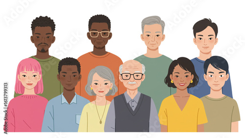 Diverse group of people looking forward with kind smiles, representing unity and inclusion with vector style