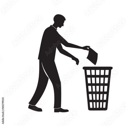 Minimal silhouette vector illustration of a man throwing garbage into a dustbin, symbolizing cleanliness, waste management, environmental care, and eco-friendly habits for public awareness