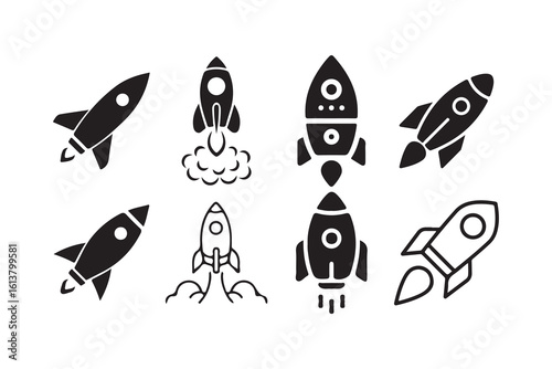 rocket vector set.  Launch spaceship or spacecraft. Exciting rocket, Black rocket icon. Victor illustration eps 10