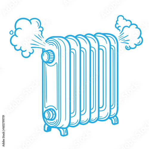 Illustration of a blue outline radiator emitting steam on a clean white background
