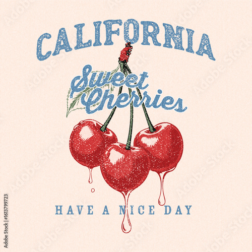 California cherry print. t shirt Front print design. slogan print for tee. Cute t-shirt print, vintage poster design. fashion graphic prints for cherries fruit, cherry cool slogan for t shirt design.